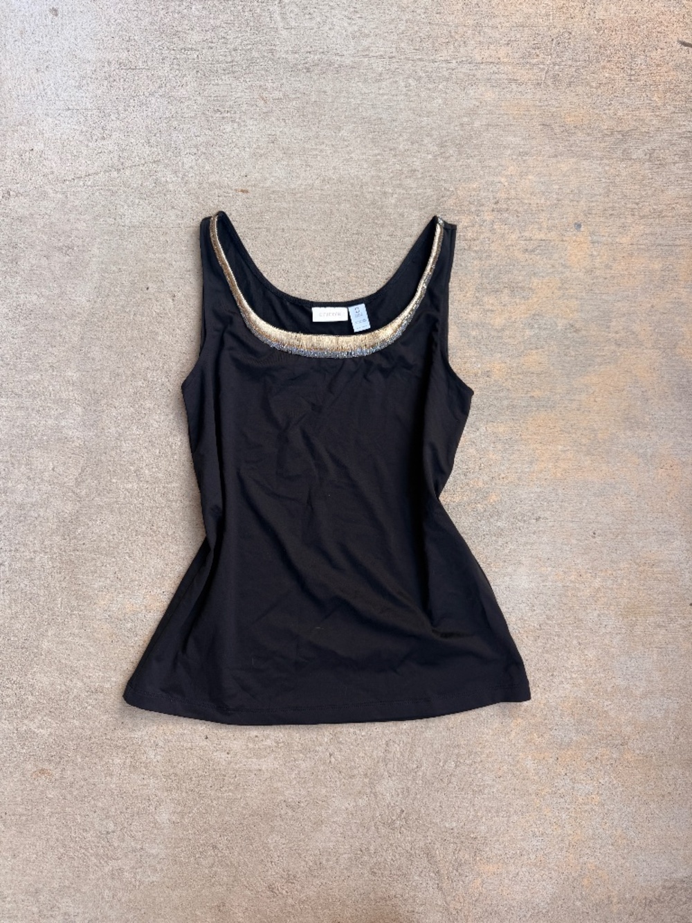 Chico's Black Beaded Fringe Neckline Tank Top Size 0 Small Metallic Embellished